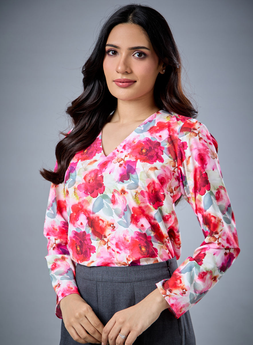 Long Sleeve V Neck Printed Top