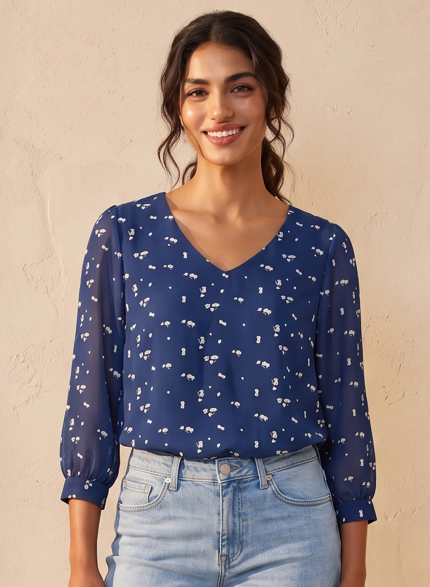 Blue Printed V Neck Long Sleeve Top