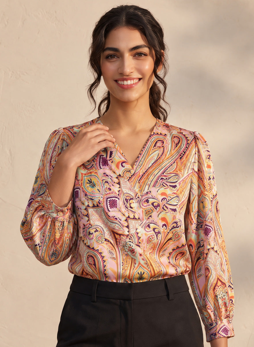 Printed Criss Cross Pleated Satin Top