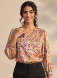 Printed Criss Cross Pleated Satin Top
