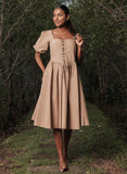 Beige Square Neck Front Corded Cotton Dress