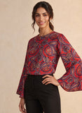 Red Base Printed Sleeve Flared Top