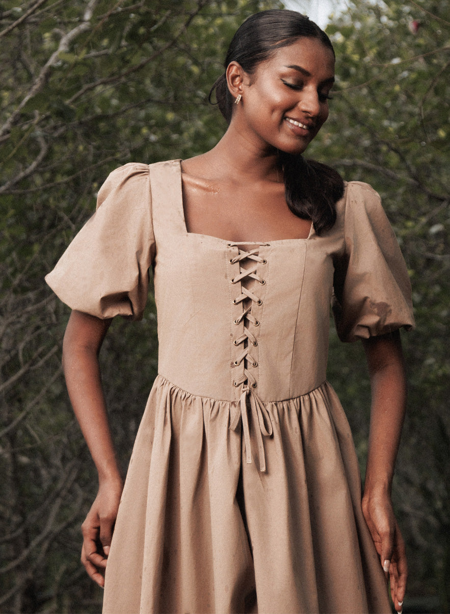Beige Square Neck Front Corded Cotton Dress