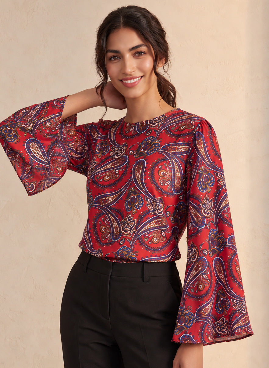Red Base Printed Sleeve Flared Top