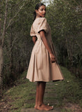 Beige Square Neck Front Corded Cotton Dress