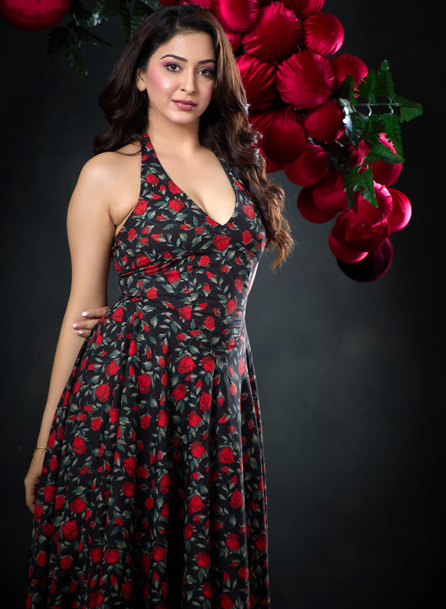 Halter Neck Printed Chiffon Dress