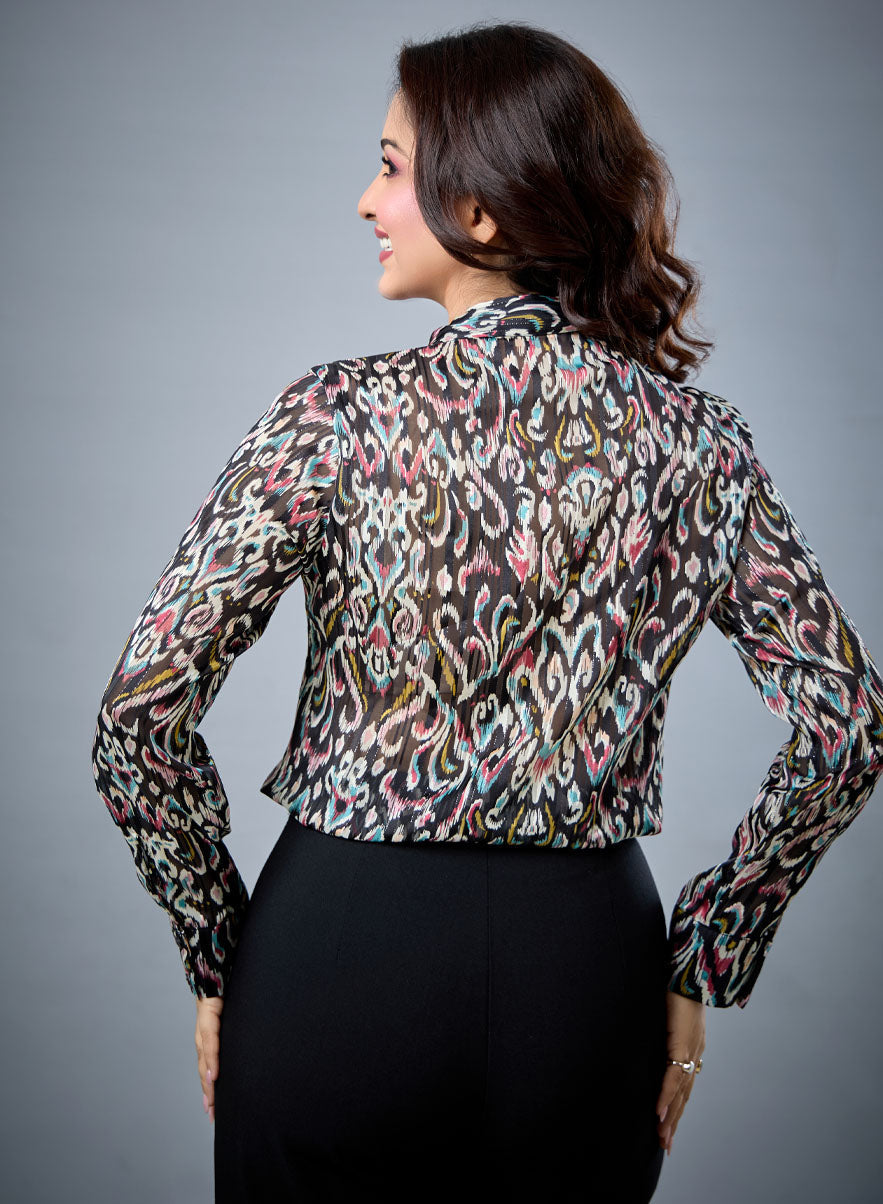 Neck Tie Long Sleeve Black Top