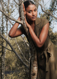 Khaki Lapel Collar Waist Tie Shirt Dress
