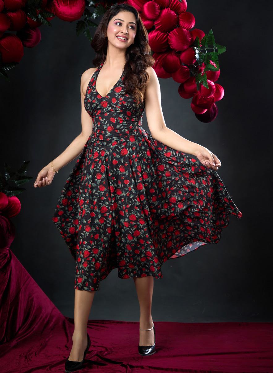 Halter Neck Printed Chiffon Dress