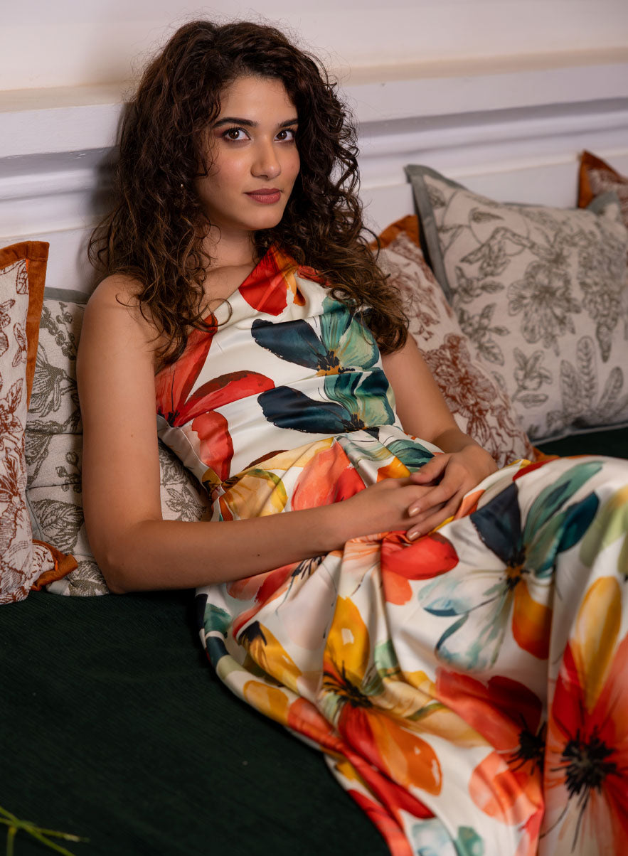 One Shoulder Printed Satin Top