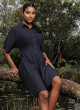Blue Pleating Detail Cotton Midi Dress