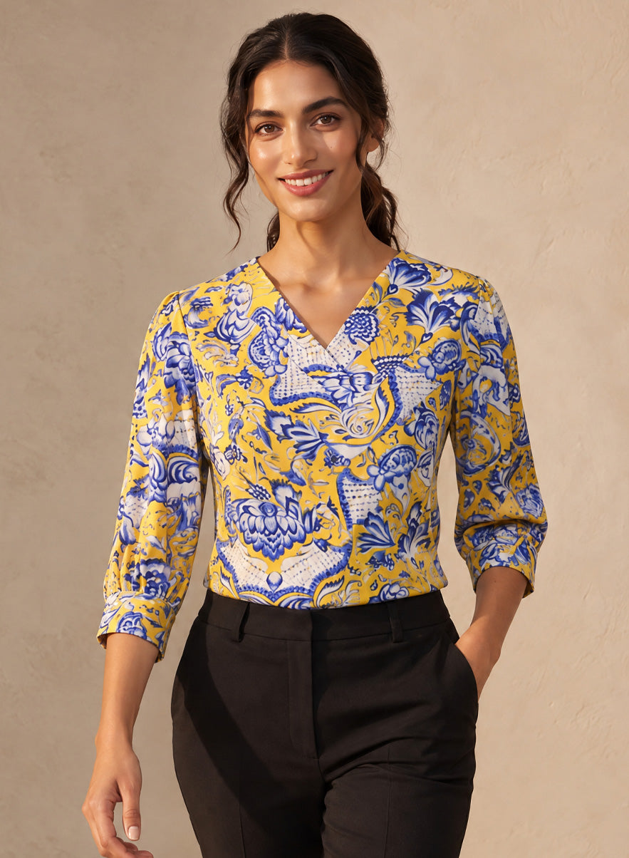 Printed Criss Cross Pleated Chiffon Top