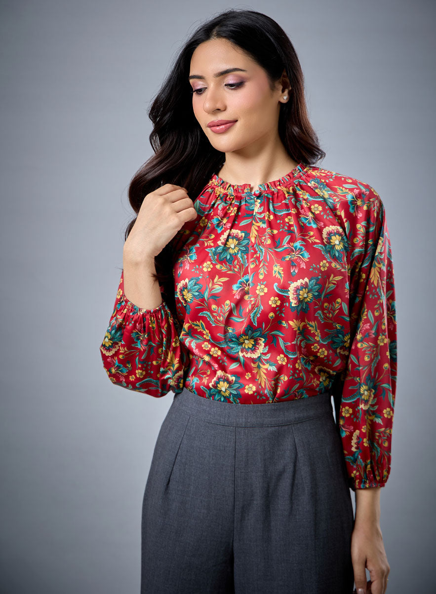 Long Sleeve Bold Red Floral Top
