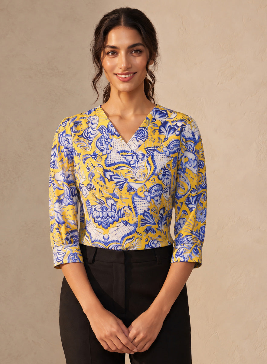 Printed Criss Cross Pleated Chiffon Top