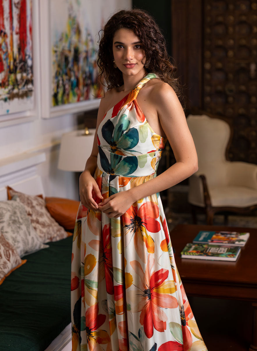 One Shoulder Printed Satin Top