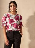 Red Floral Printed Sleeve Gathered Detail Top