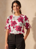 Red Floral Printed Sleeve Gathered Detail Top