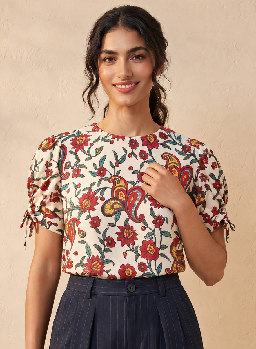 Red Printed Sleeve Tucked Detail Top