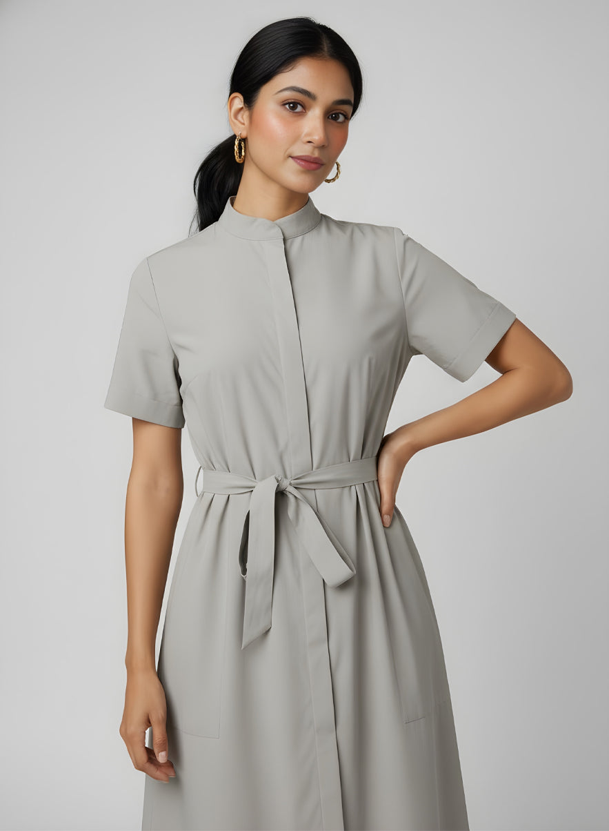 Beige Round Neck Shirt Dress