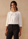 White Round Neck Bow Tie Top