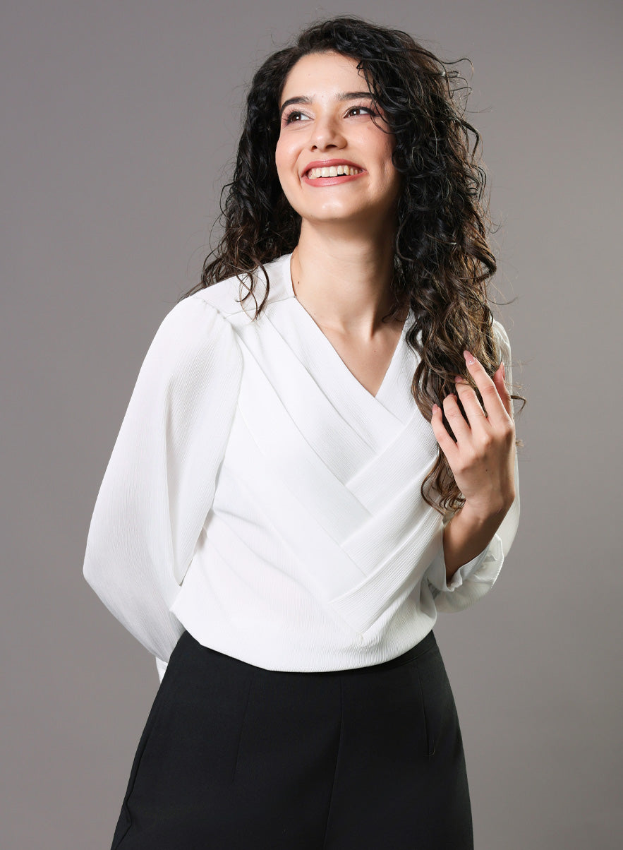 White Side Pleated Chiffon Top