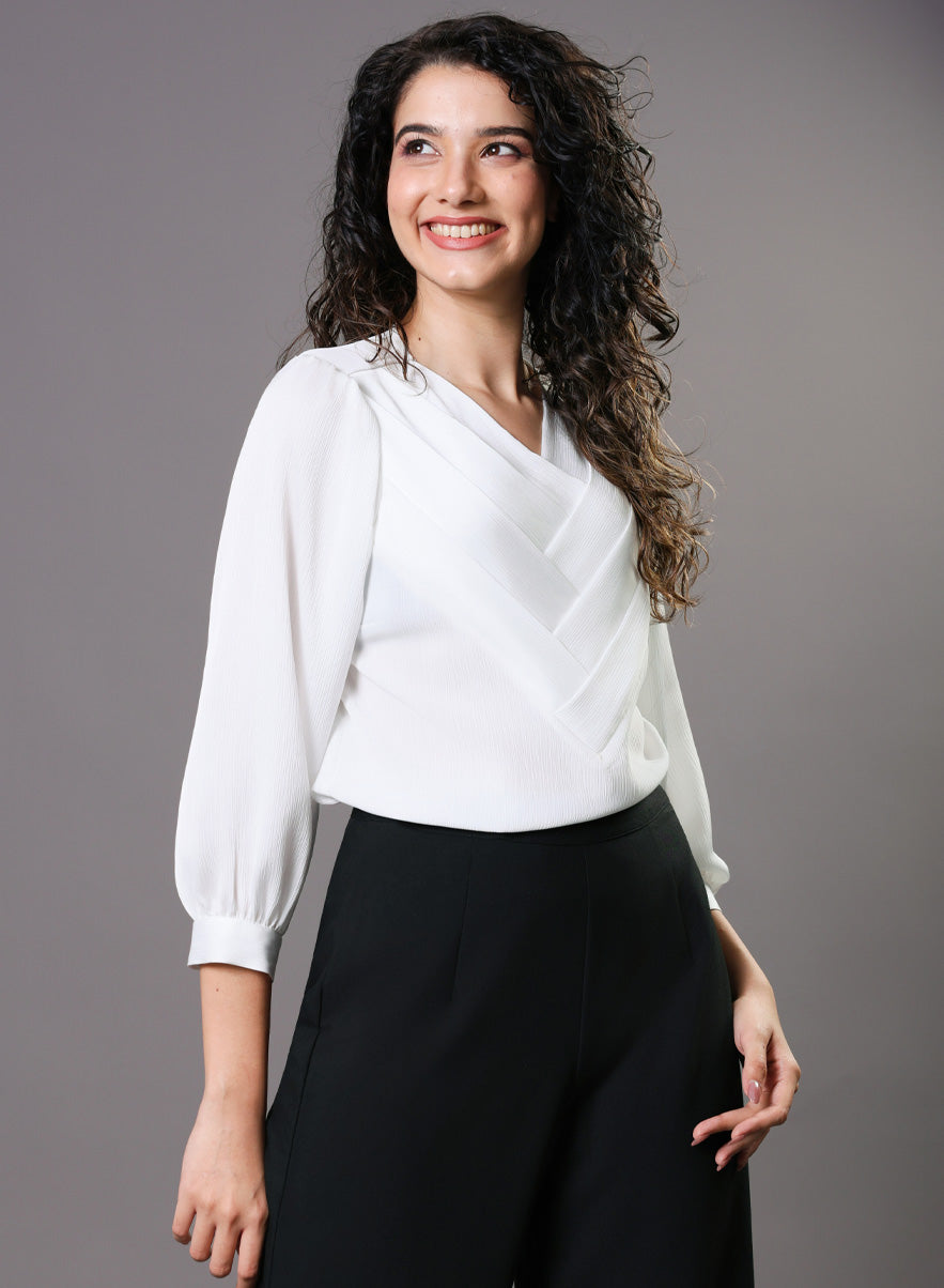 White Side Pleated Chiffon Top