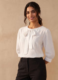 White Round Neck Bow Tie Top