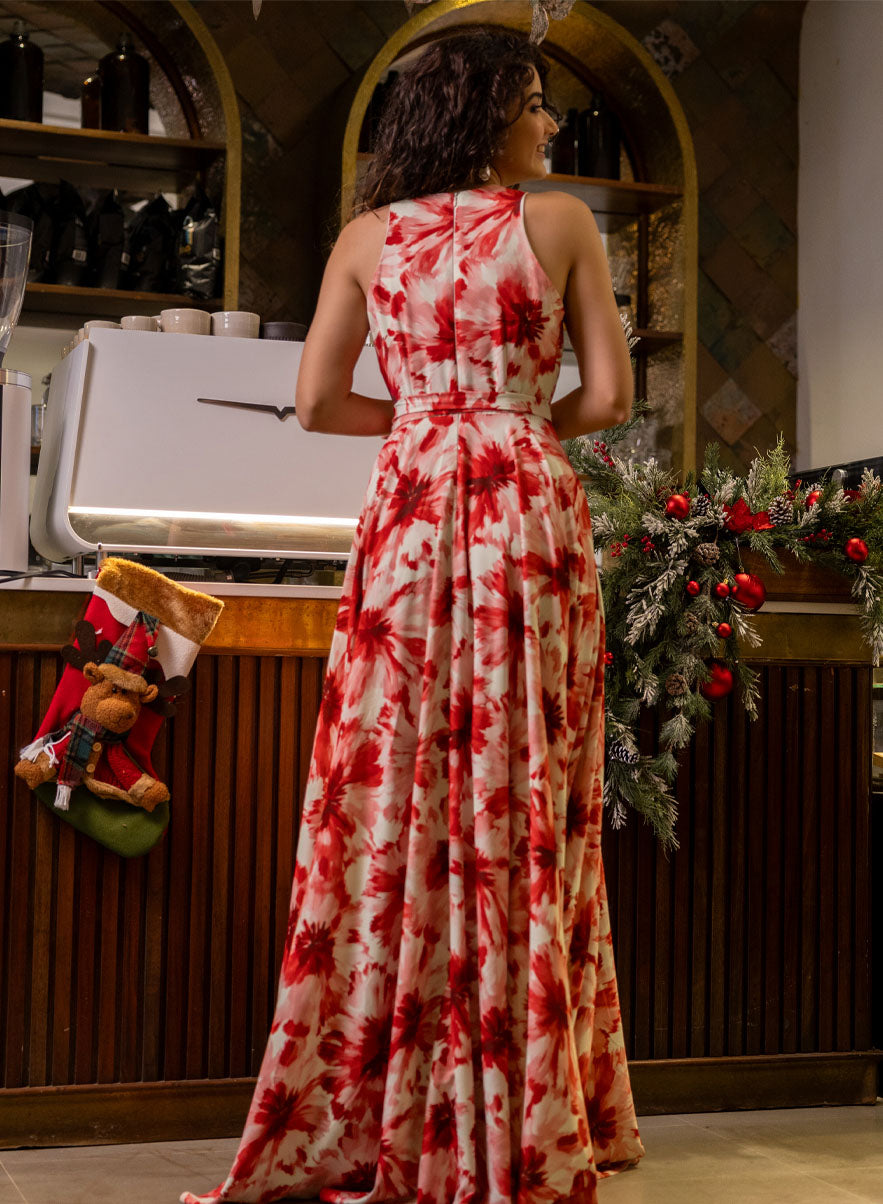 Deep Vneck Halter Printed Maxi Dress