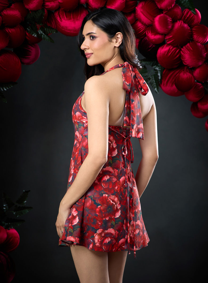 Satin Halter Bow Neck Tie Dress