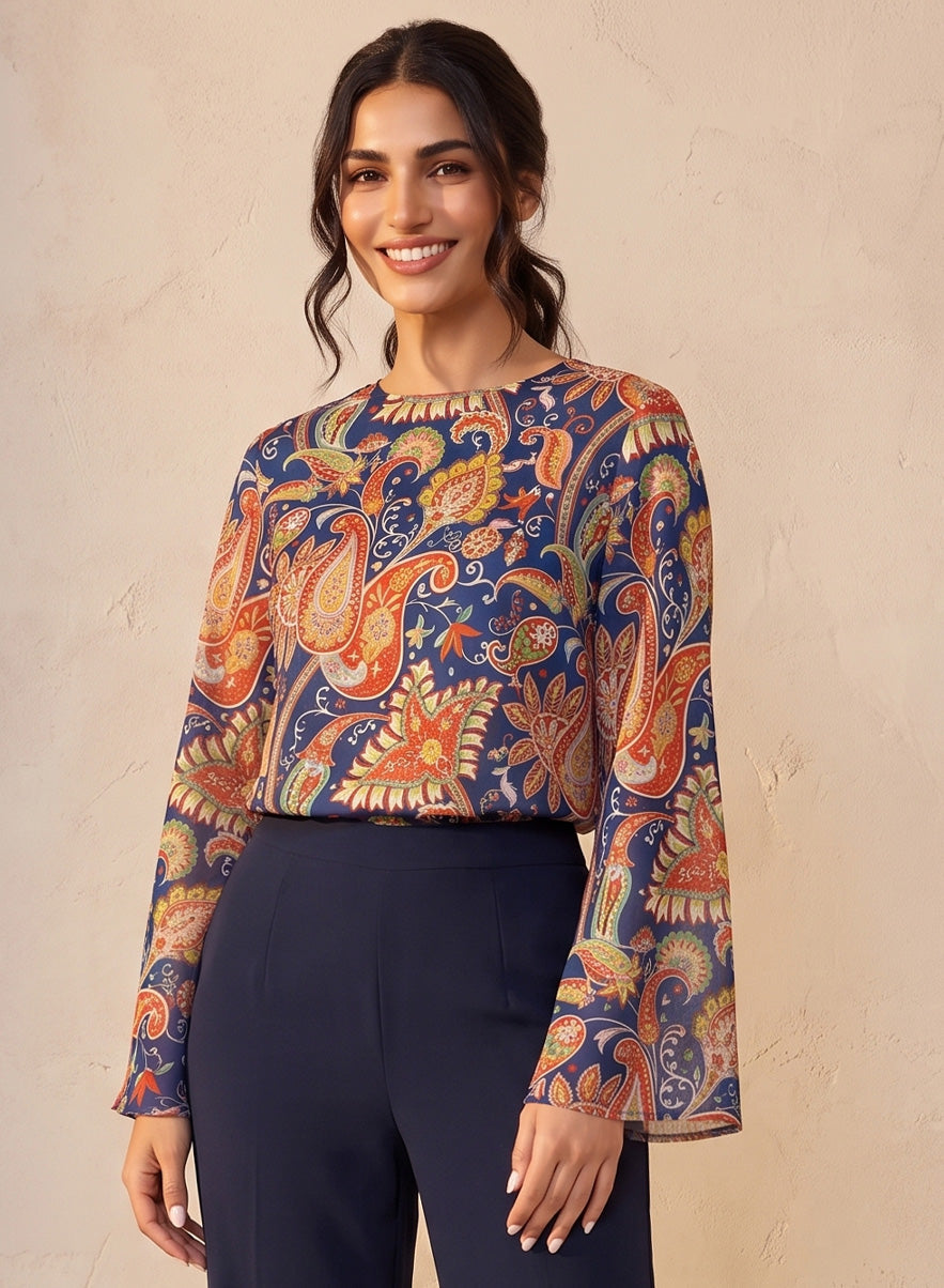Blue Printed Sleeve Flared Top
