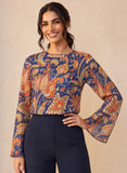 Blue Printed Sleeve Flared Top