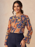 Blue Printed Sleeve Flared Top