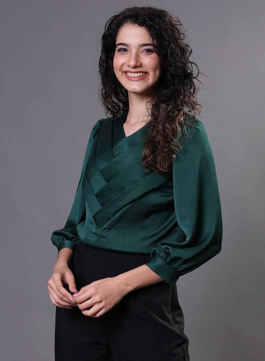 Green Side Pleated Chiffon Top