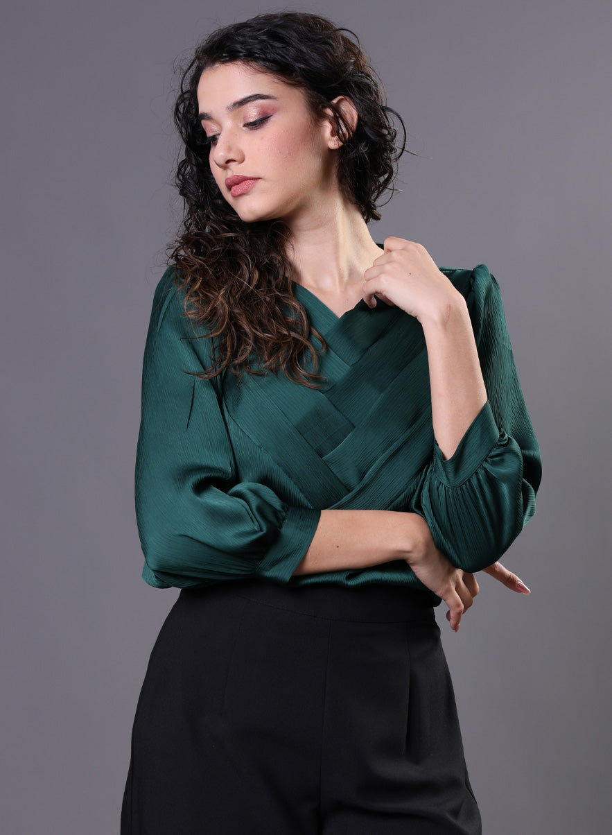 Green Side Pleated Chiffon Top