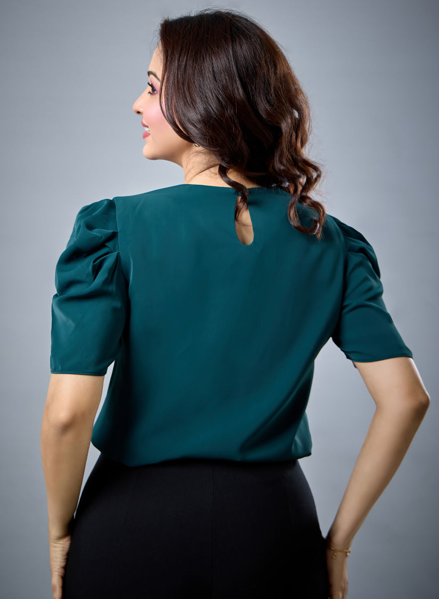 Neck Gathered Satin Short Sleeve Dark Green Top