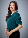 Neck Gathered Satin Short Sleeve Dark Green Top