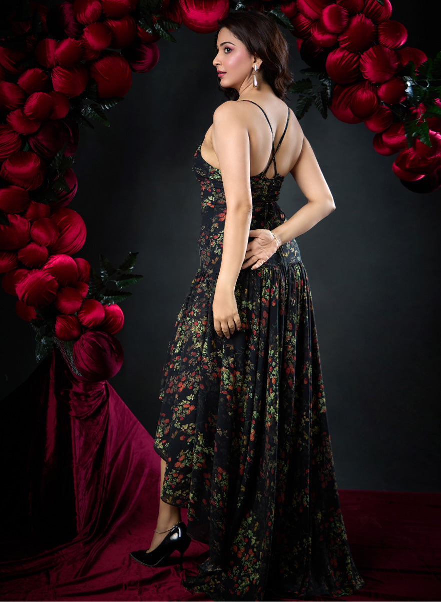 Deep VNeck Printed High Low Maxi