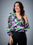 Neck Pleated Deep V Printed Top