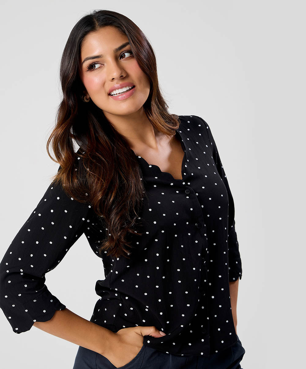Scalloped Vneck Cotton Shirt