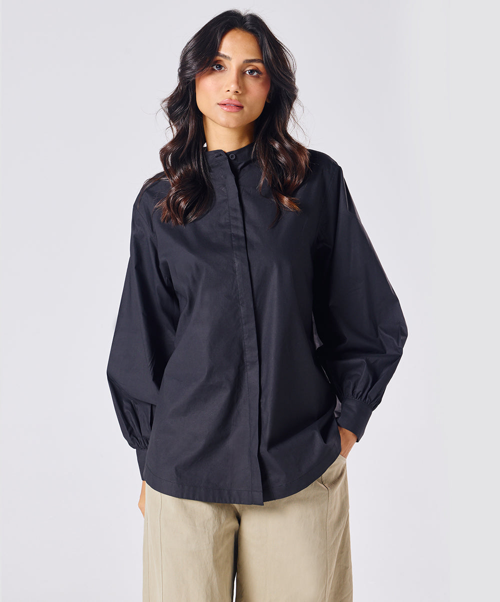 Mandarin  Collar Cotton Oversized Shirt- Black