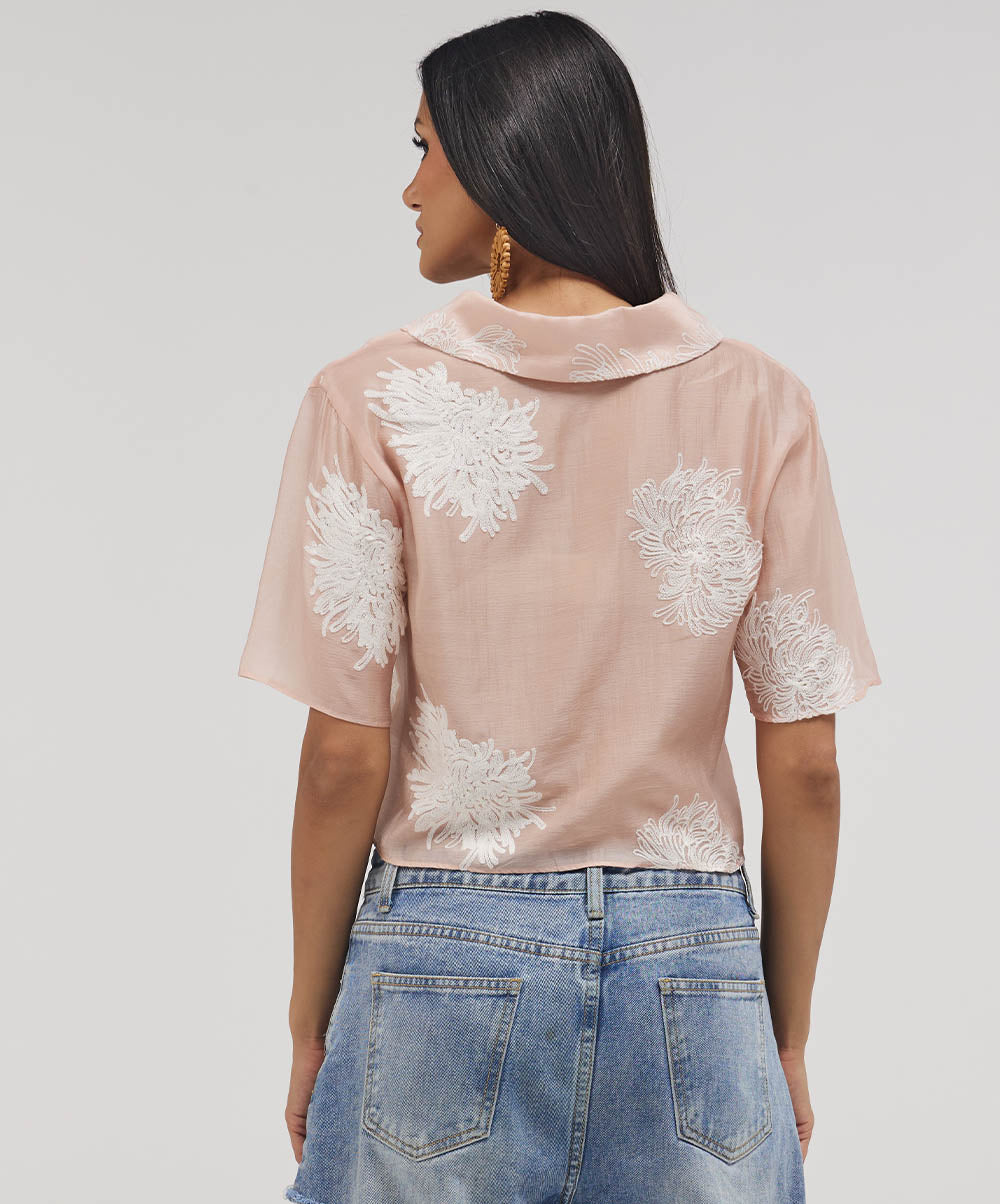Lapel Pink Detailed Embroidered Top