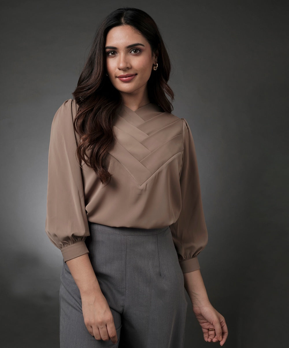 Front Slanted Pleated Chiffon Half Sleeve Top