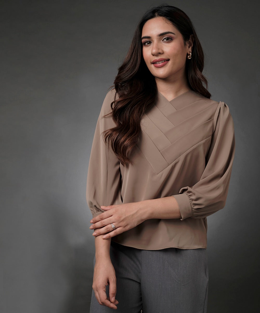 Front Slanted Pleated Chiffon Half Sleeve Top