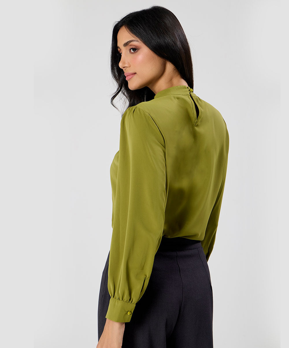 Neck Pleated Chiffon Green Top