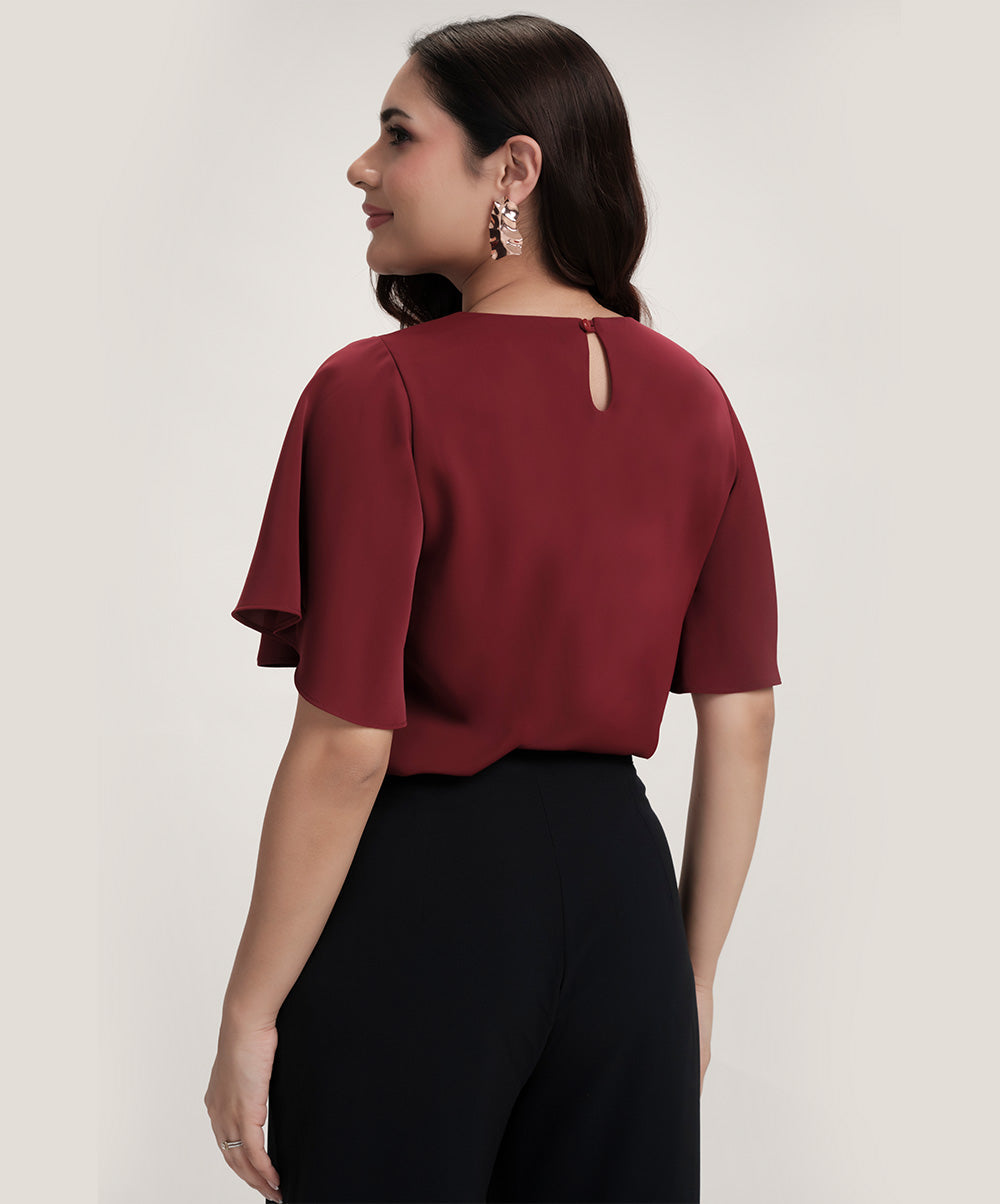 Sleeve Flared Round Neck Chiffon Top