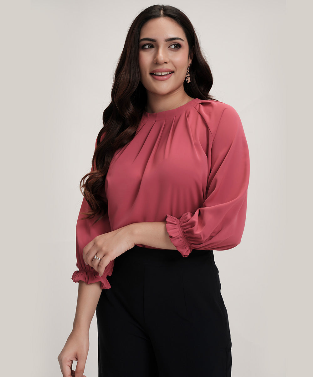 Neck Detailed Chiiffon Long Sleeve Pink Top