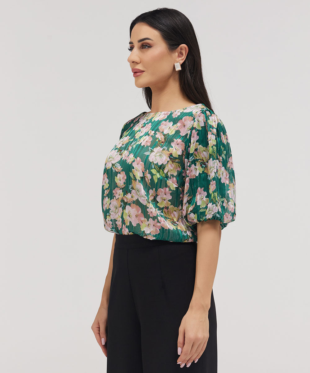 Wide Neck Crushed Chiffon Green Top