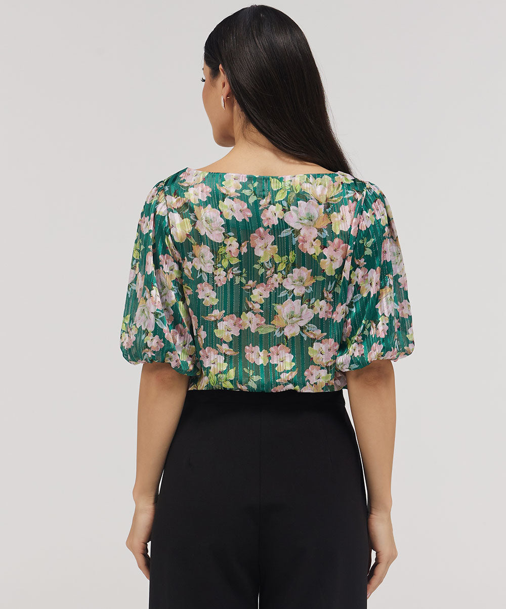 Wide Neck Crushed Chiffon Green Top