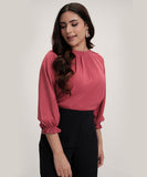 Neck Detailed Chiiffon Long Sleeve Pink Top