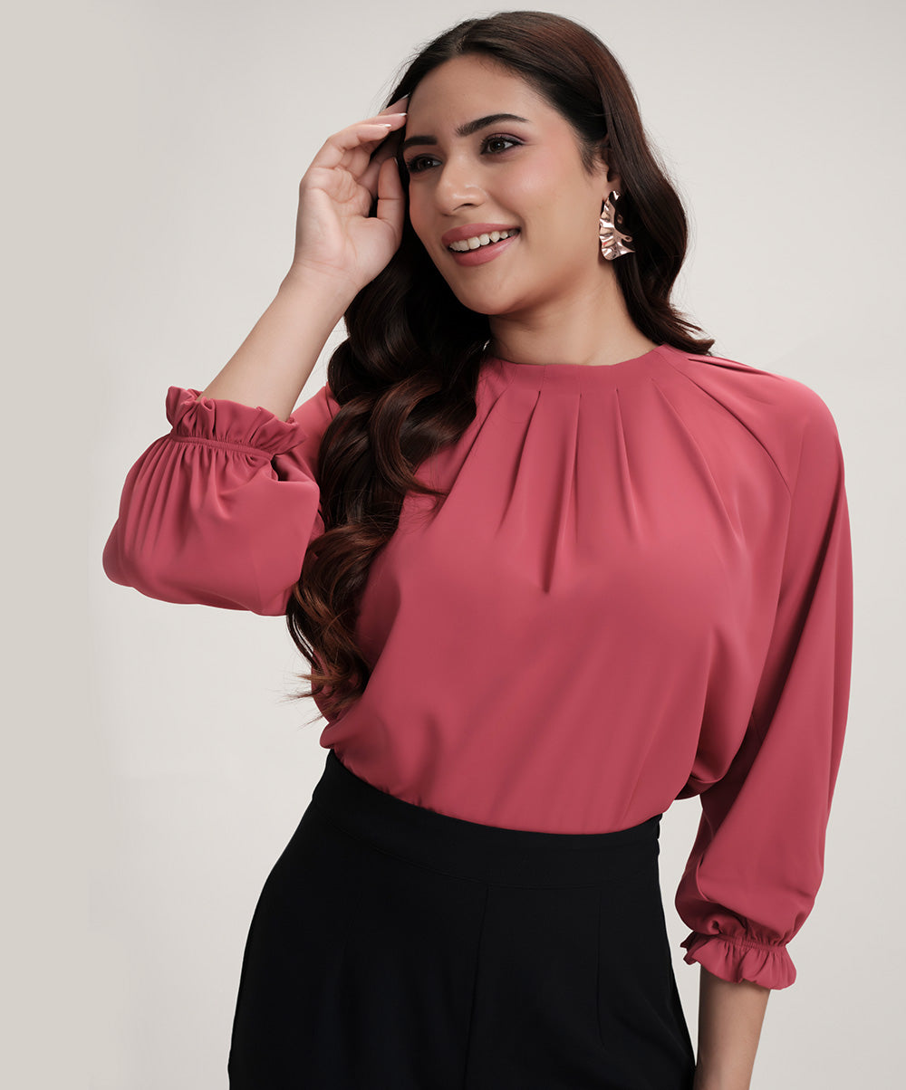 Neck Detailed Chiiffon Long Sleeve Pink Top